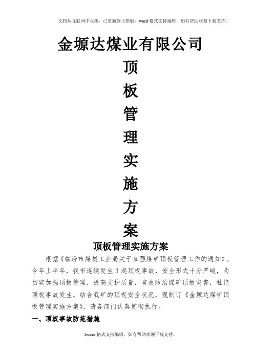 煤业公司顶板管理实施方案